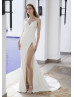 Beaded Ivory Ruched Satin High Slit Sexy Wedding Dress